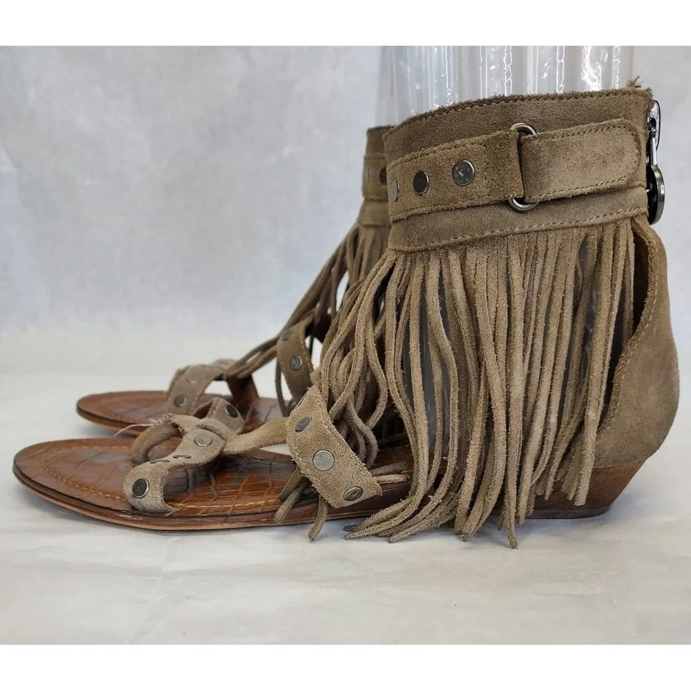 Sam Edelman Dazey Suede Sandals Womens 8 Gladiator Flat Boho Fringe Smokey Taupe - Picture 4 of 11
